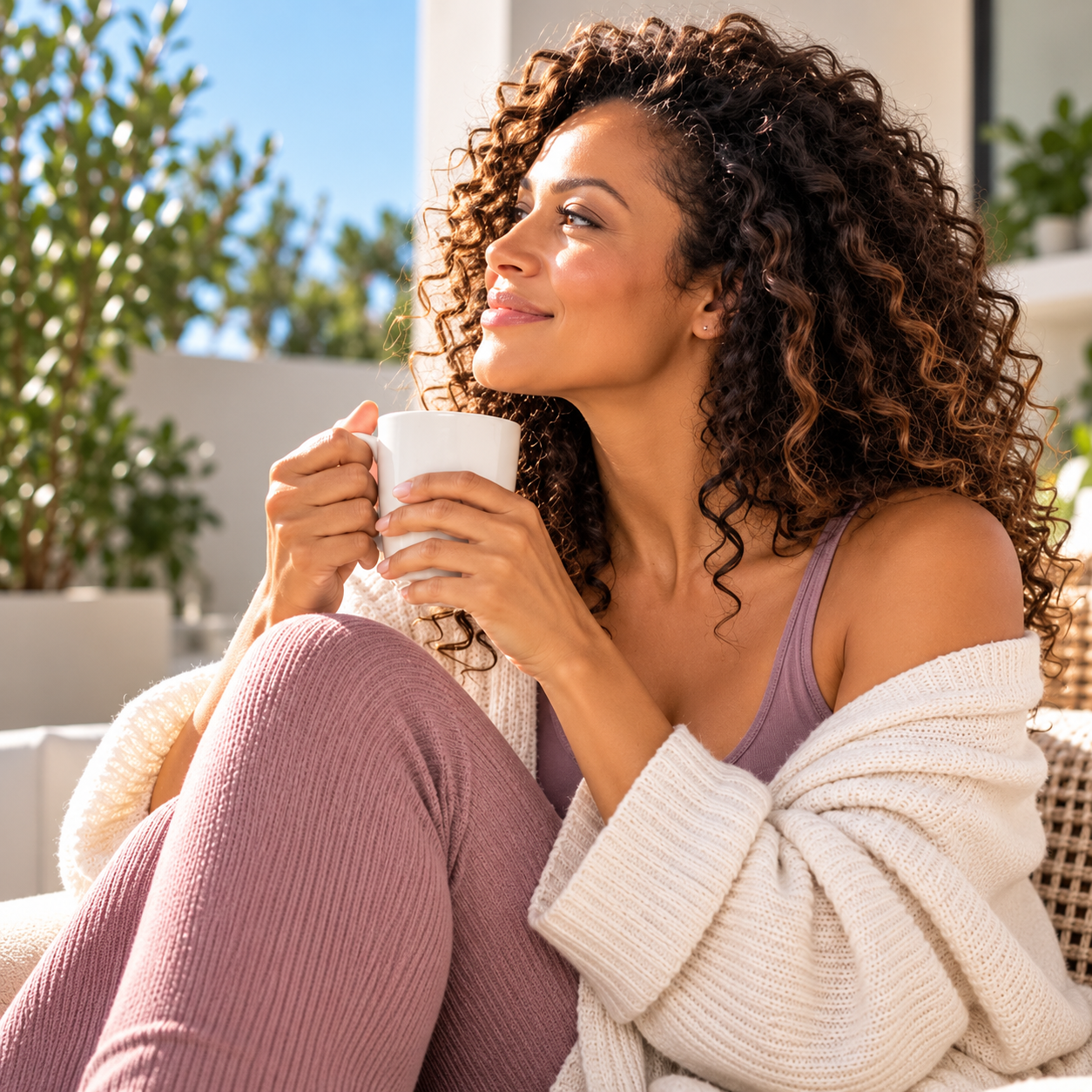 Woman enjoying her morning coffee in the sunlight