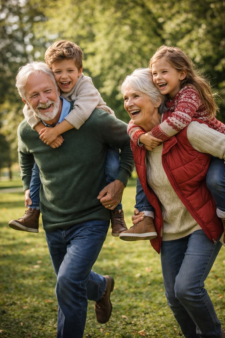 Grandparents laughing while giving their grandchildren piggyback rides in a park